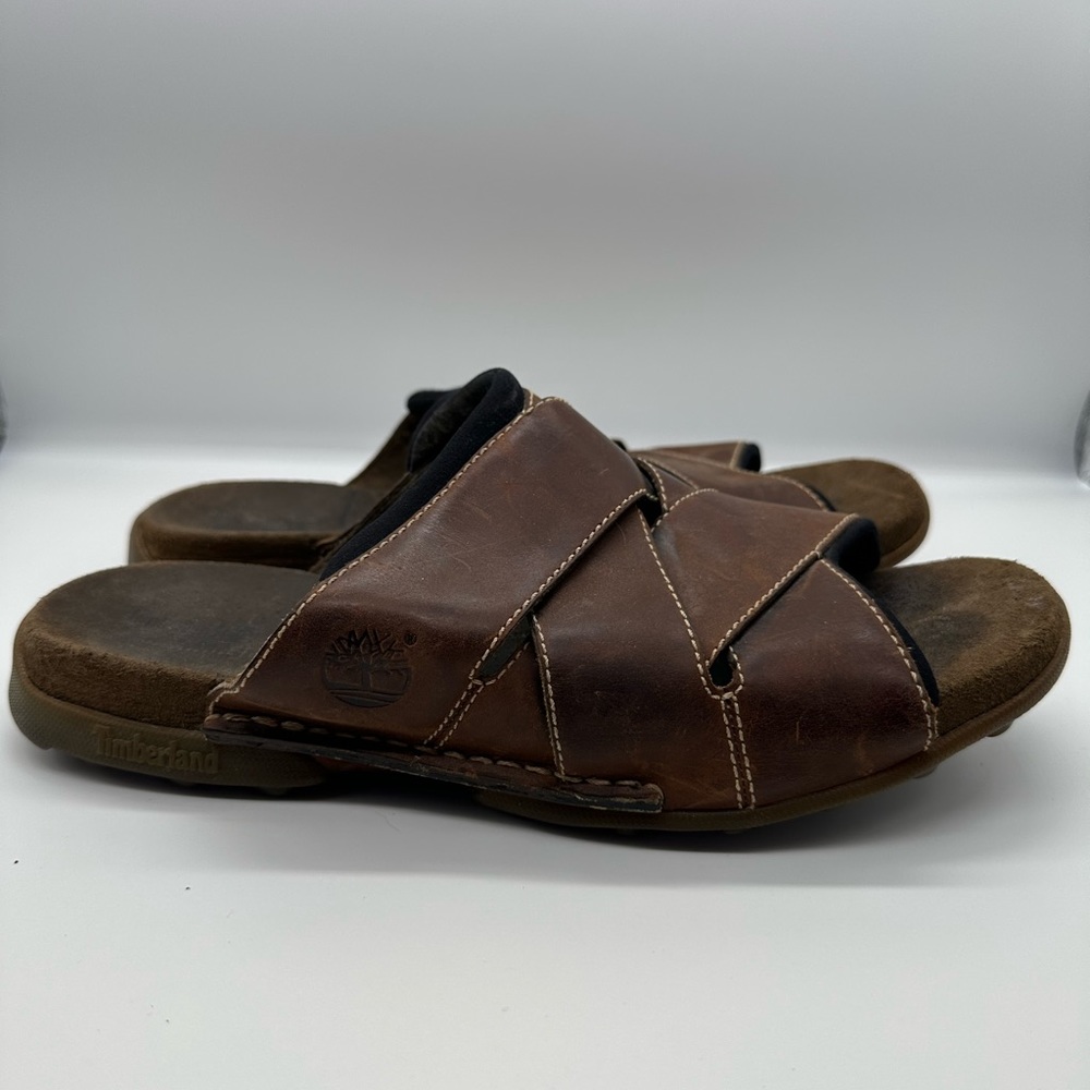 Timberland Smart Comfort System Brown Mens Leather Slides Sandals Size 12 WORN - Picture 5 of 7